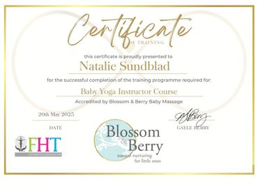 Certificate awarded to Natalie Sundblad for completing Baby Yoga Instructor Course.