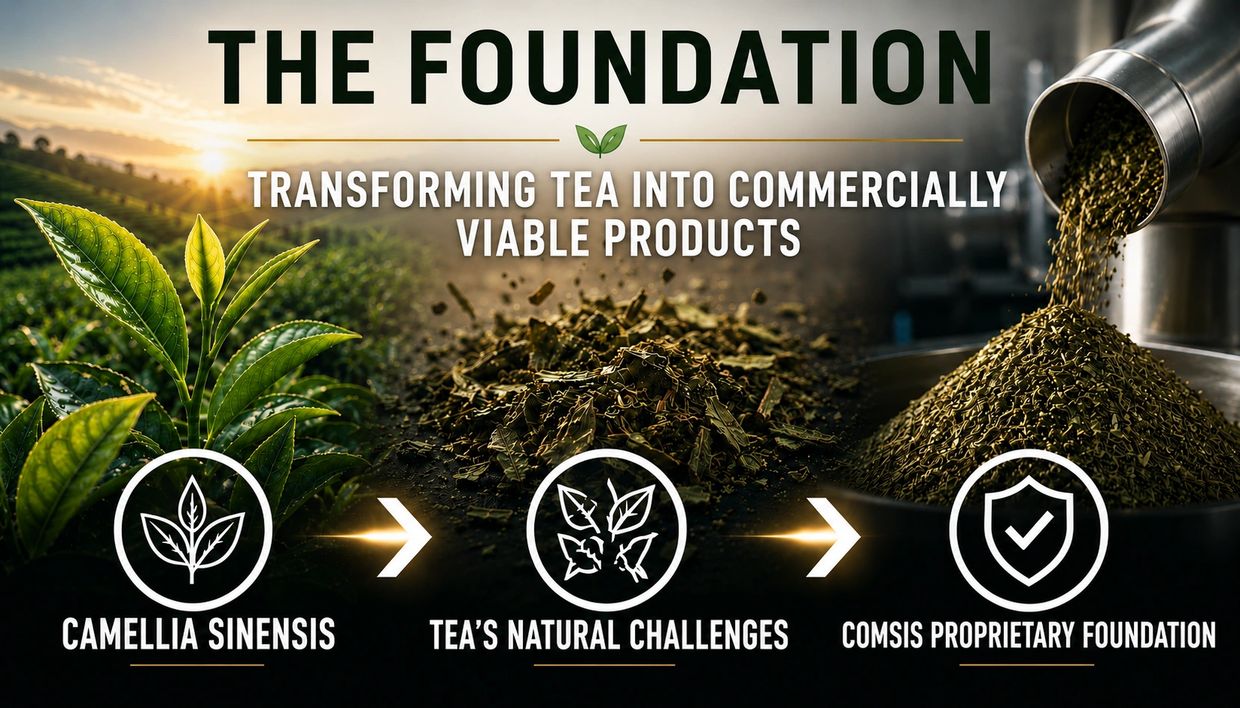 Visual infographic showing tea transformation process into commercial products.