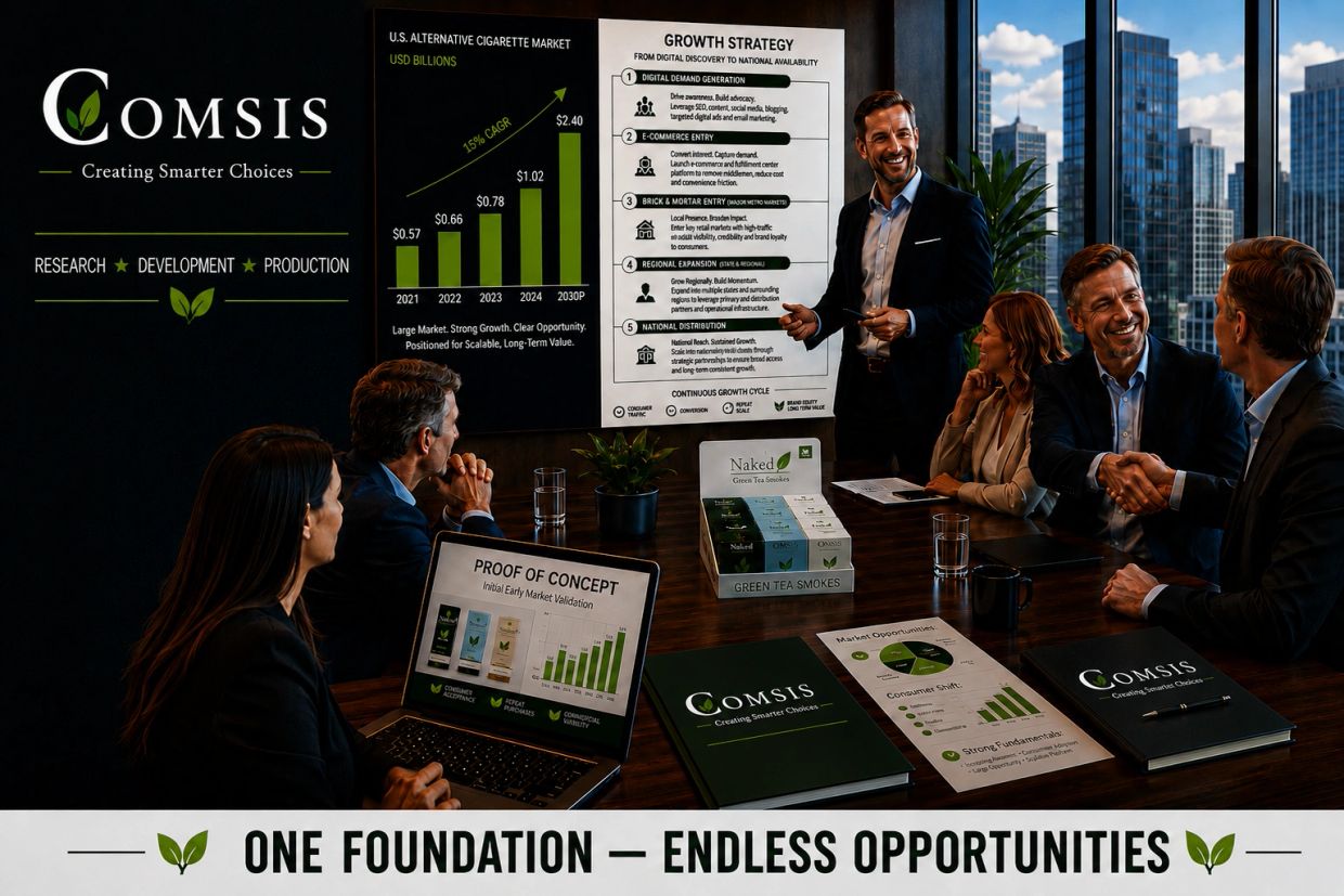 Business meeting discussing growth strategy and market opportunities for Comsis in alternative cigarettes.