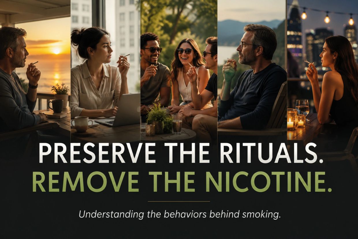 People smoking in different settings with a nicotine-free message.
