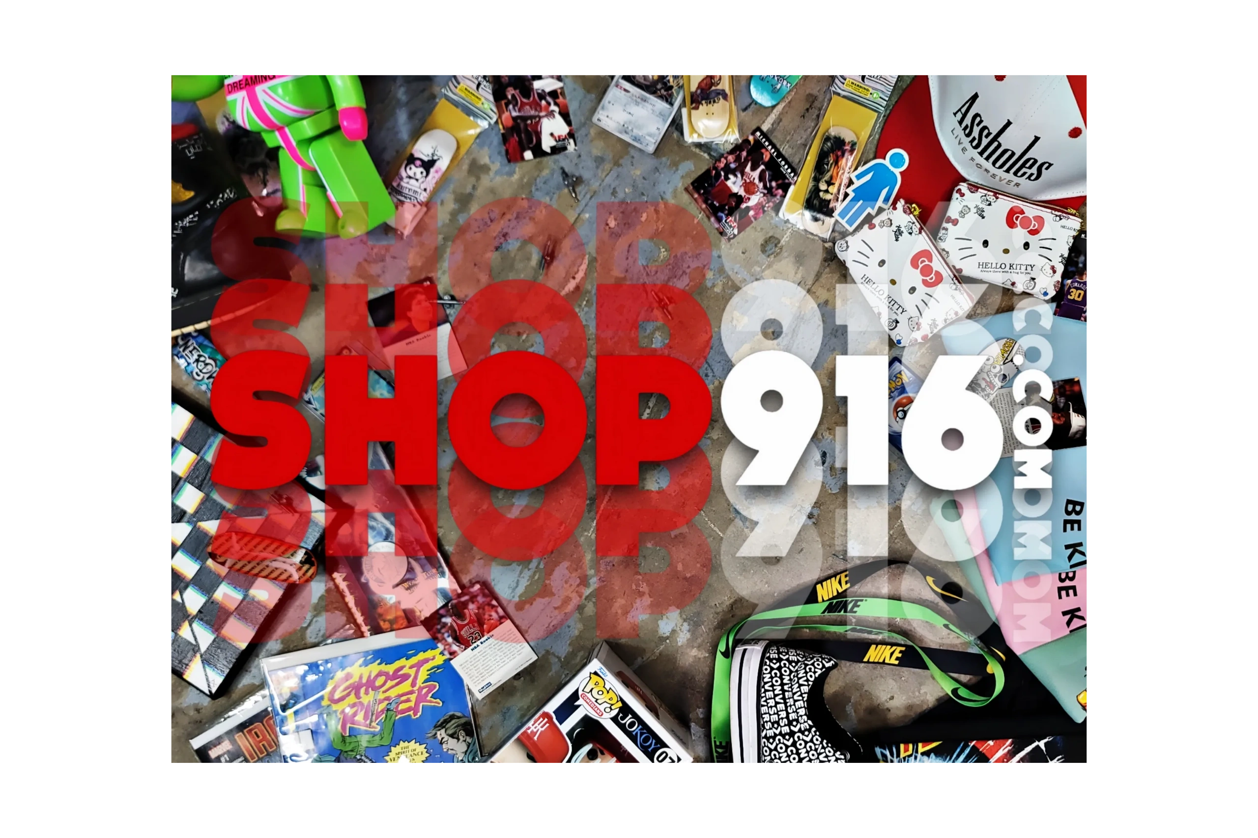 A colorful assortment of pop culture items with text 'SHOP 916.COM' overlay.