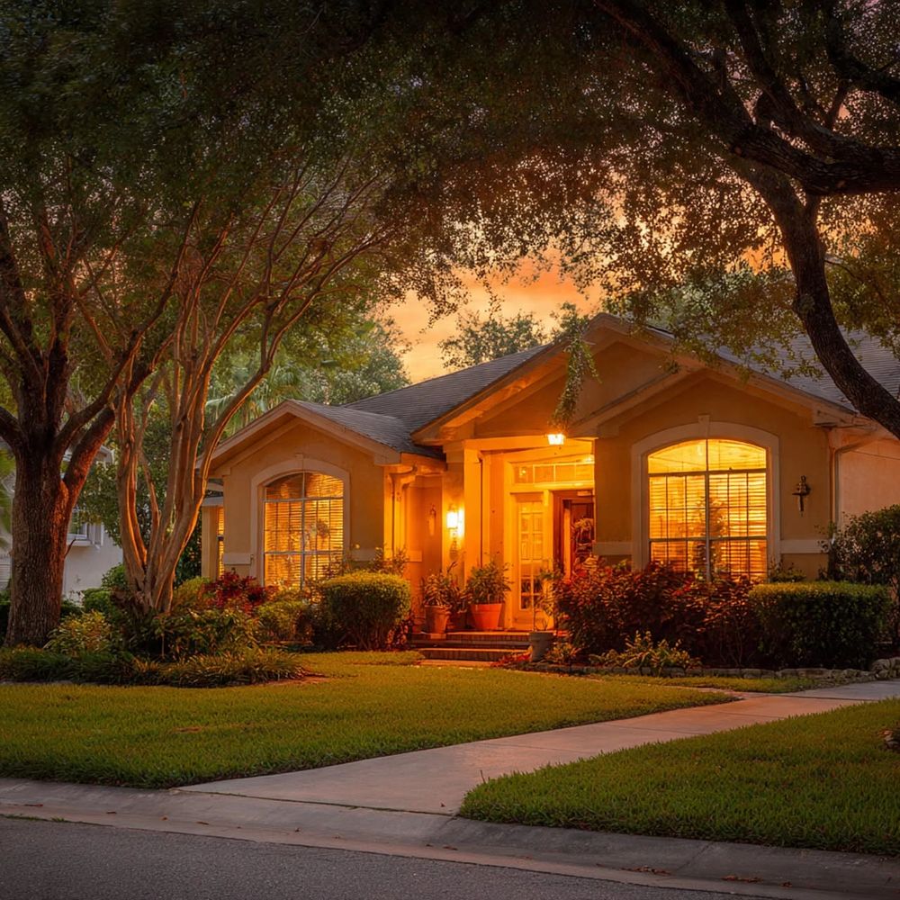 Cozy house glowing warmly at sunset with trees and lush greenery.