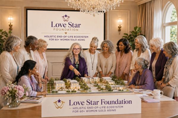 Group of older women discussing a community housing model.