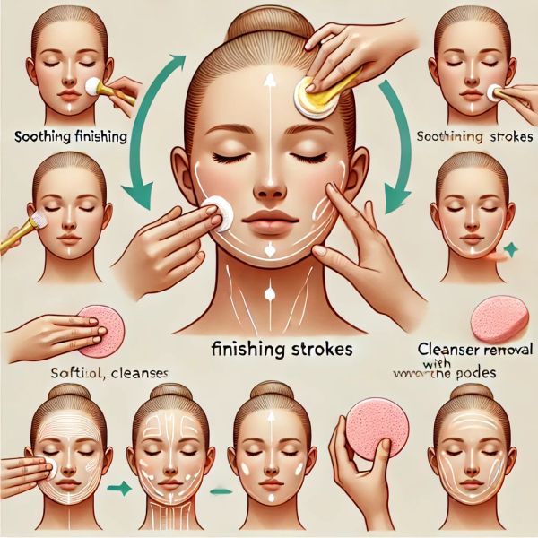 Step-by-step facial cleansing and massaging technique guide.