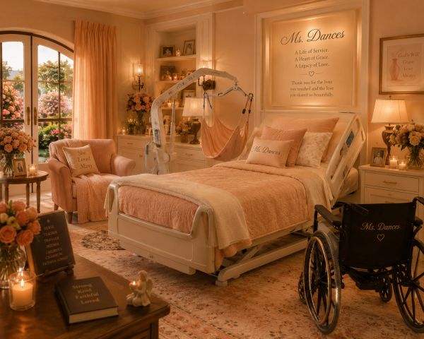 Cozy and elegant memorial hospital room with personal touches.