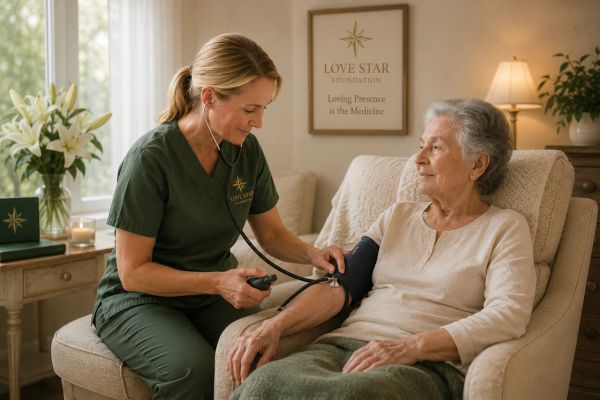 Healthcare worker taking elderly woman's blood pressure.