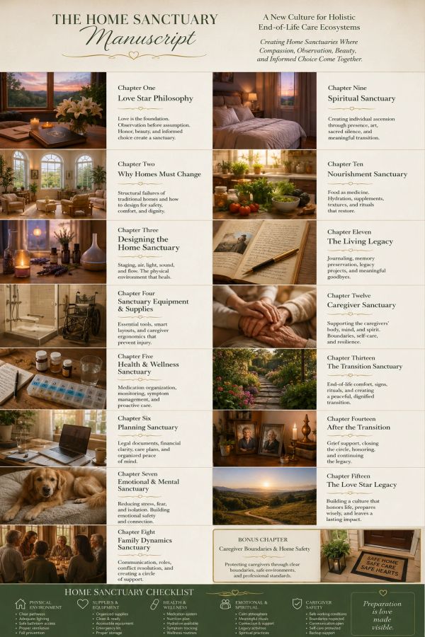 Overview of The Home Sanctuary Manuscript chapters and checklist for holistic end-of-life care.