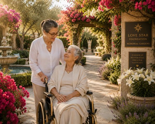 Two elderly women enjoying a garden at a memorial site.