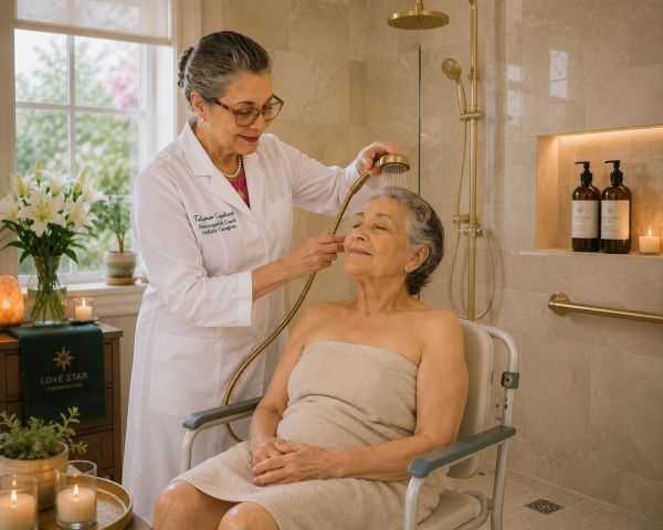 Caregiver gently showers elderly woman in spa-like bathroom.