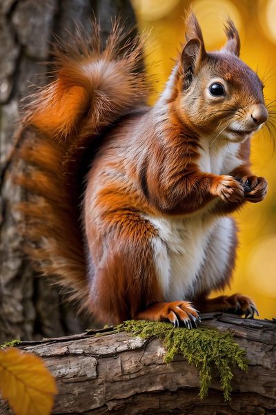 A red squirrel perched on a mossy log.