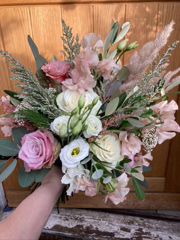 Pampas grass and fresh blush flower brides bouquet