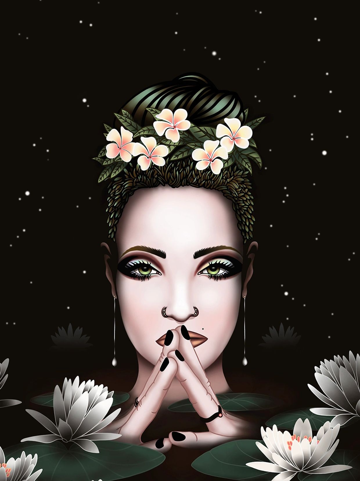 Portrait of a woman with flowers in her hair and lotus flowers.