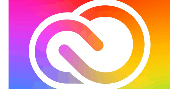 Adobe Creative Cloud logo with vibrant rainbow gradient background.