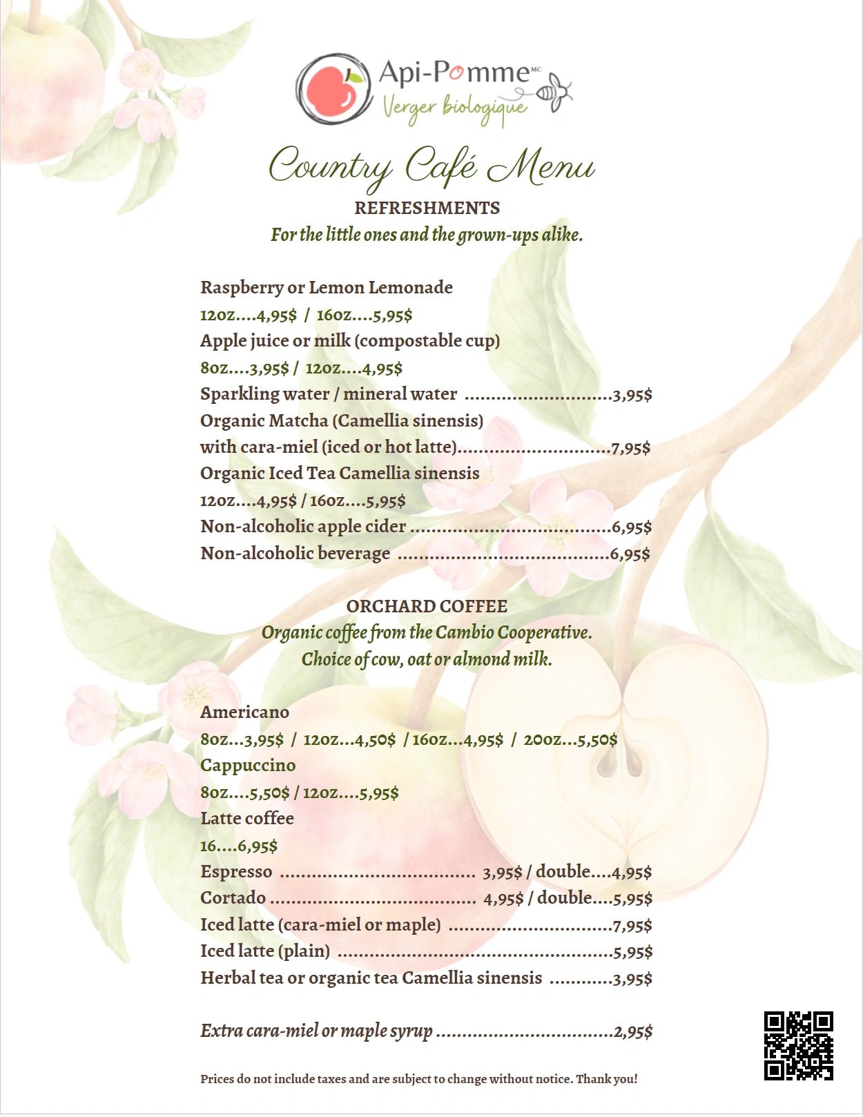 Country Café menu featuring organic drinks, lemonades, coffee, and teas with various sizes and prices.