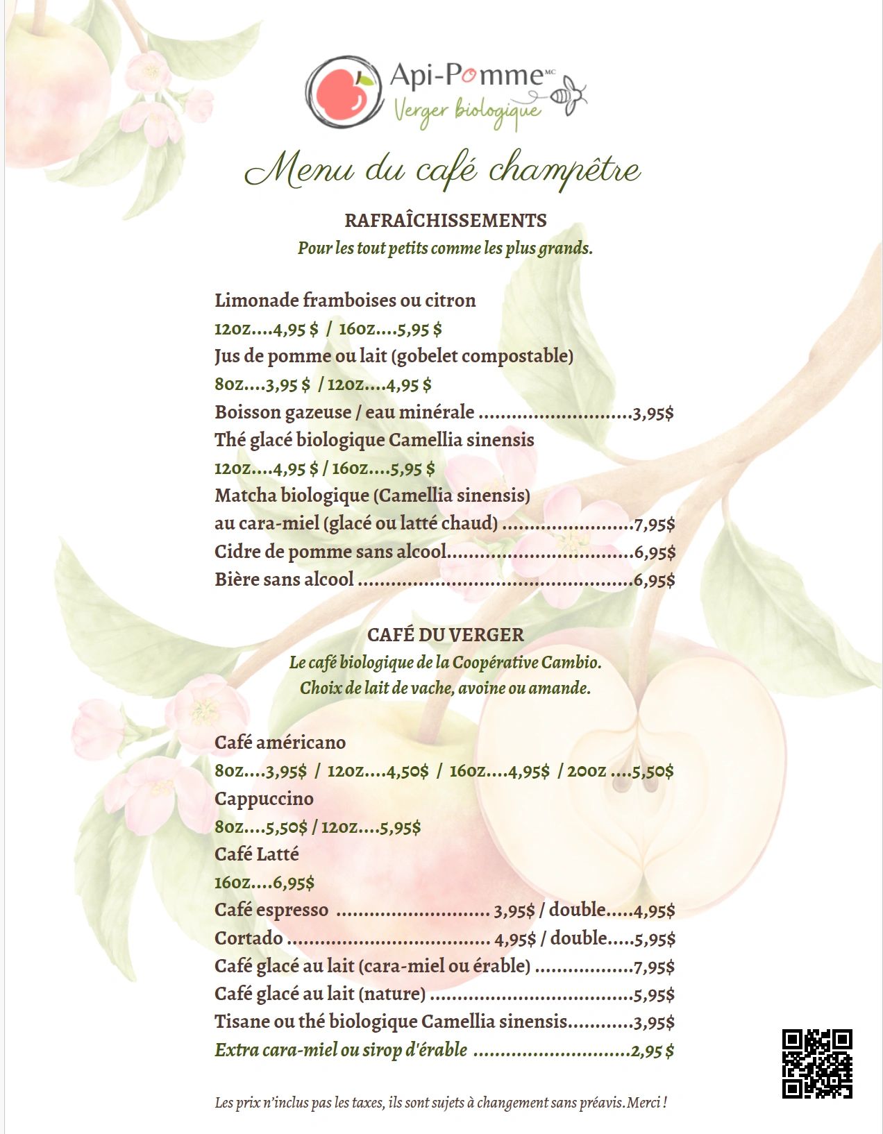 Menu du café champêtre avec boissons biologiques et rafraîchissements variés.