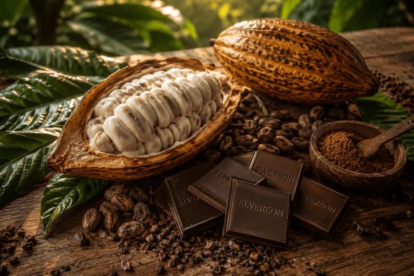 Boutique raw cacao chocolate with cacao pods and beans from the Dominican Republic.