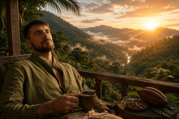 Enjoying hot cacao at sunrise above the cacao forests of Jamao al Norte, Dominican Republic.