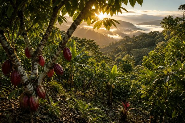 Sunrise over Elvereon's cacao plantation in Jamao al Norte, Dominican Republic.
