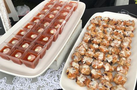 Mini Shrimp Gazpachos and Mini Banana Cranberry Bread Pudding