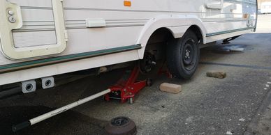 Caravan brakes being serviced 