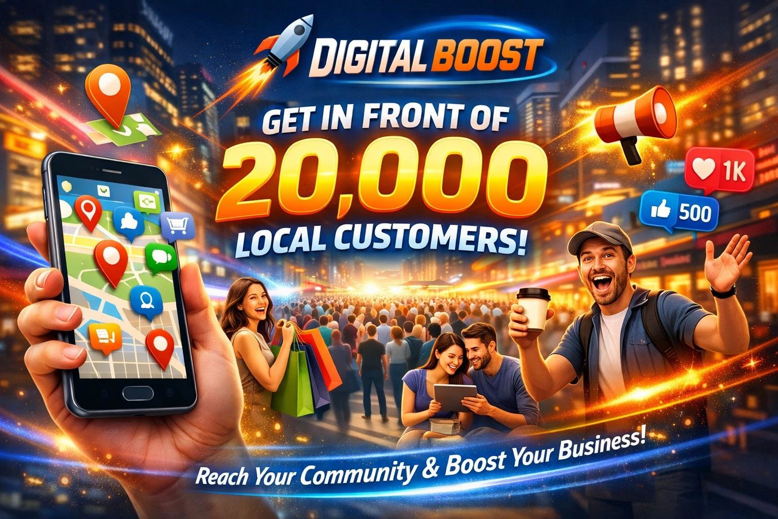 Digital Boost helps businesses reach 20,000 local customers through targeted community engagement.