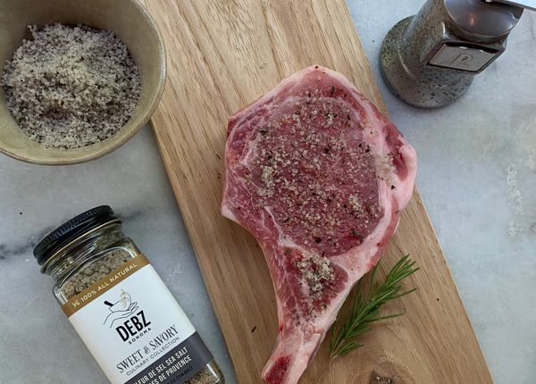 DEBZ Sonoma Sweet and Savory fleur de sel seasoning used on a luscious pork chop.