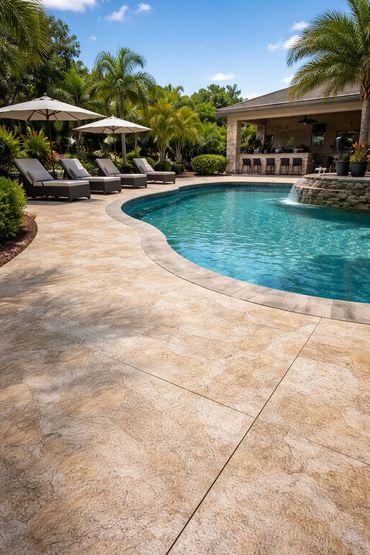 Luxurious backyard pool with lounge chairs and umbrellas under a sunny sky.