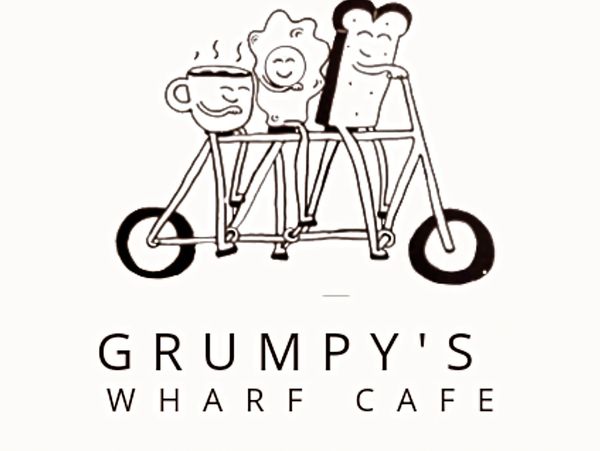 Playful logo of coffee, egg, and bread on a tandem bike for Grumpy's Wharf Cafe.