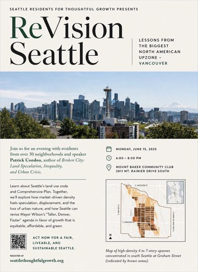 Poster for ReVision Seattle event on urban growth and housing issues.