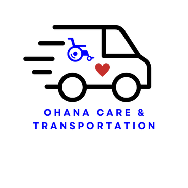 Logo for Ohana Care & Transportation featuring a wheelchair and heart symbol.