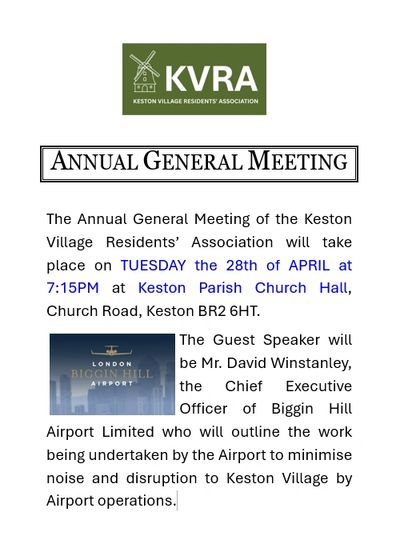 Flyer for Keston Village Residents' Association Annual General Meeting with guest speaker on airport noise.