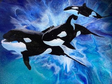 photorealistic resin art featuring orcas and killer whales