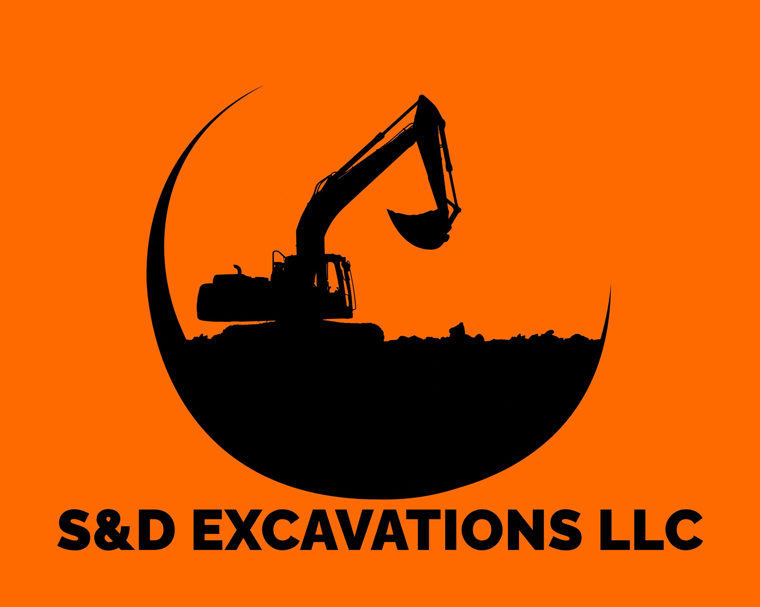 Excavator silhouette inside a curved shape on an orange background.