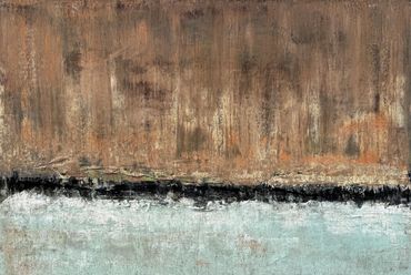 Abstract textured painting with earthy tones and contrasting horizontal layers.