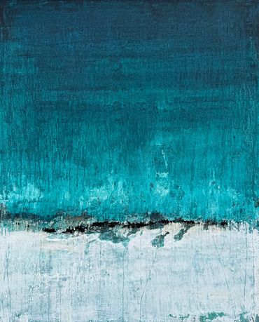 Abstract painting with textured teal and white layers separated by a rough black line.