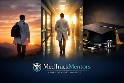 Medical professional walking at sunset and graduation cap with stethoscope symbolizing achievement.