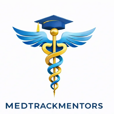 MedTrackMentors logo with medical symbol and graduation cap.