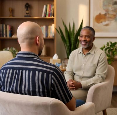 Two men engaged in a friendly conversation in a cozy room.