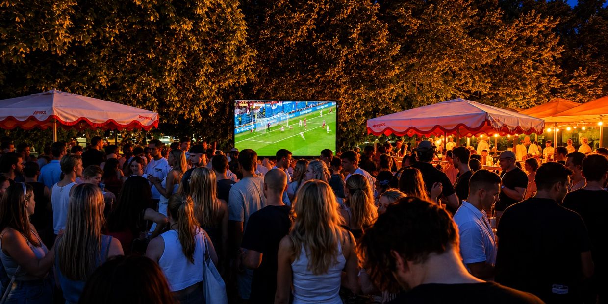 Crowd watching a soccer match outdoors at night.