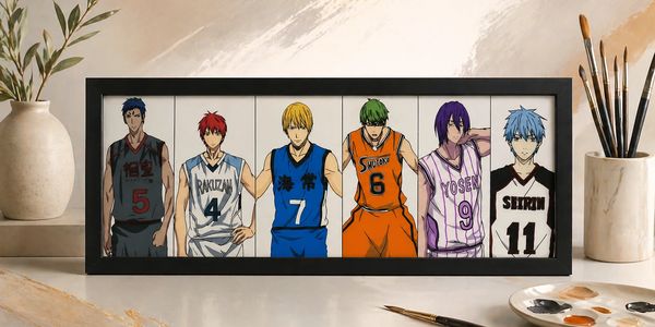 Framed anime artwork featuring six basketball players in different uniforms.