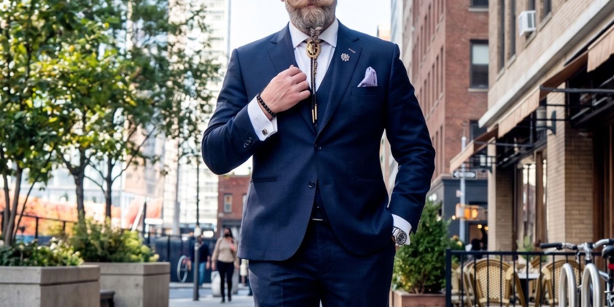Man in a sharp navy blue suit walking confidently in an urban setting.