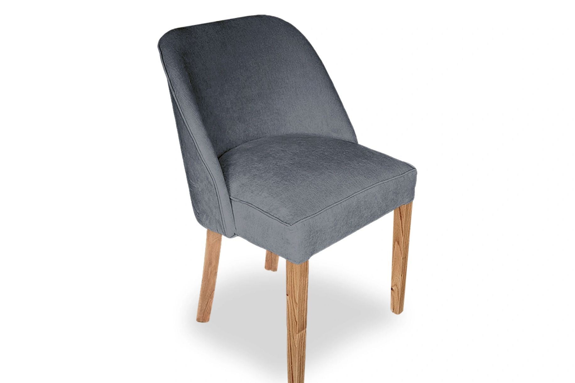 Modern gray upholstered chair with wooden legs.