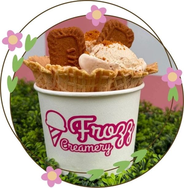 Ice cream in a waffle bowl with cookies from Frozz Creamery.