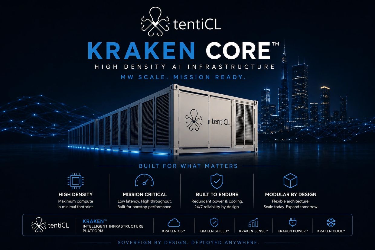 High-density AI infrastructure by tentiCL called Kraken Core, designed for mission-critical performance and modular scalability.