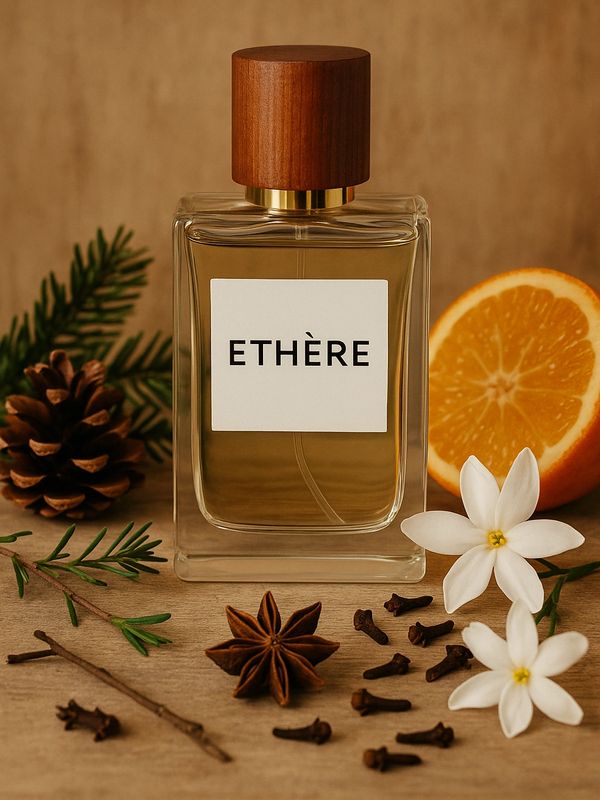 Perfume bottle surrounded by aromatics