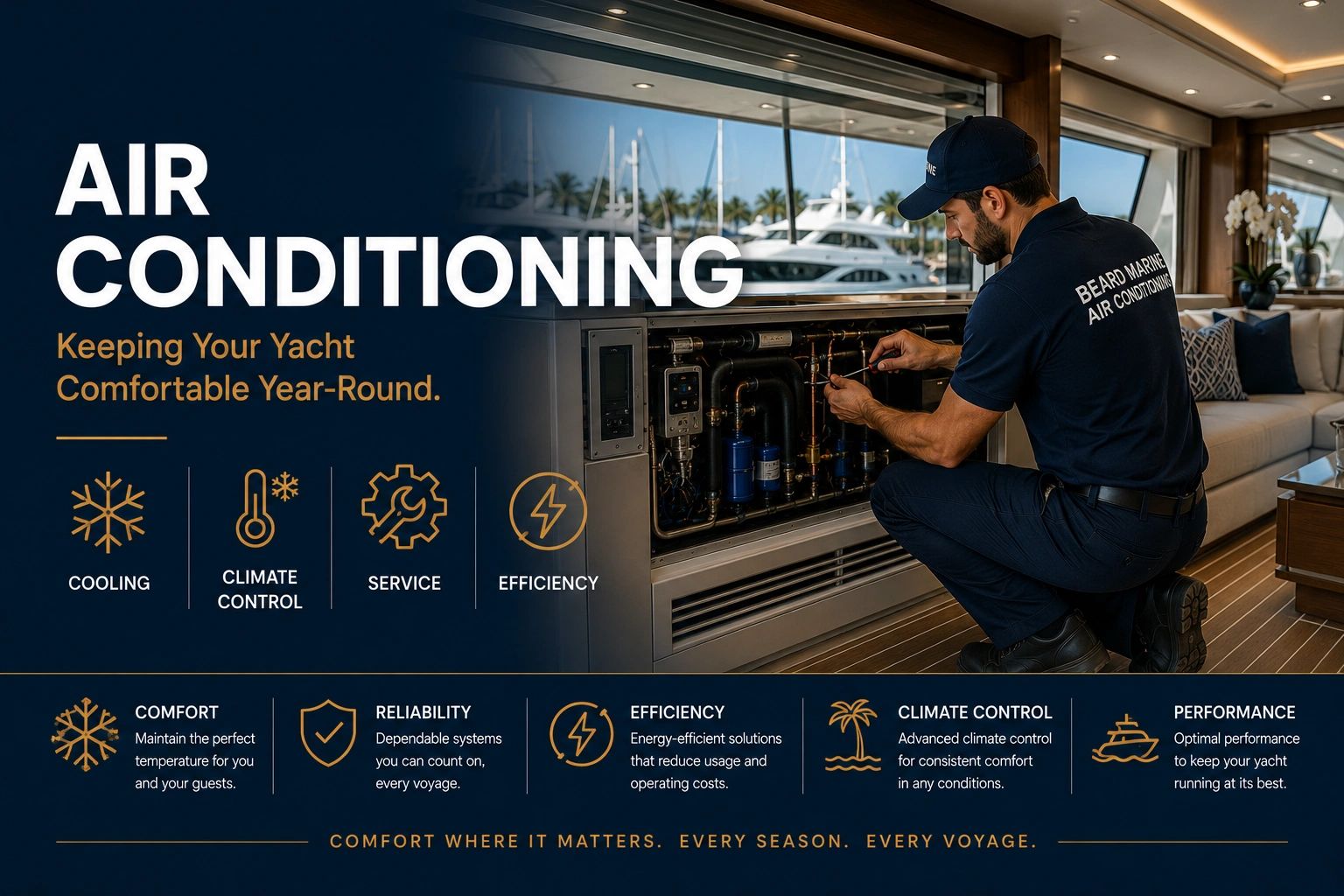 Technician servicing yacht air conditioning system for year-round comfort and efficiency.