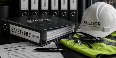 Safety equipment and documents including helmet, gloves, vest, and safety file on a desk.