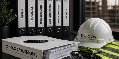 Workplace safety documents and gear including a helmet and high-visibility vest.