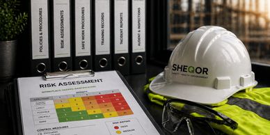 Safety gear and risk assessment documents on a worksite desk.