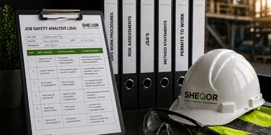 Job safety analysis clipboard with safety gear including helmet and glasses on a desk.